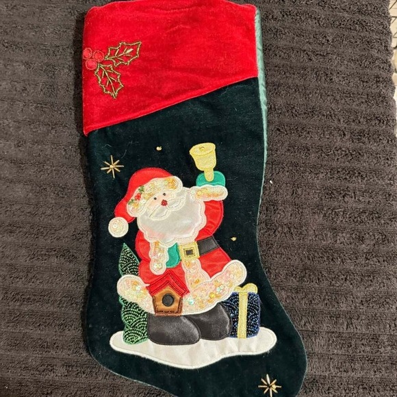 Vintage Beaded Embroidered Christmas Stocking Velvet Santa Clause - New - Picture 2 of 3